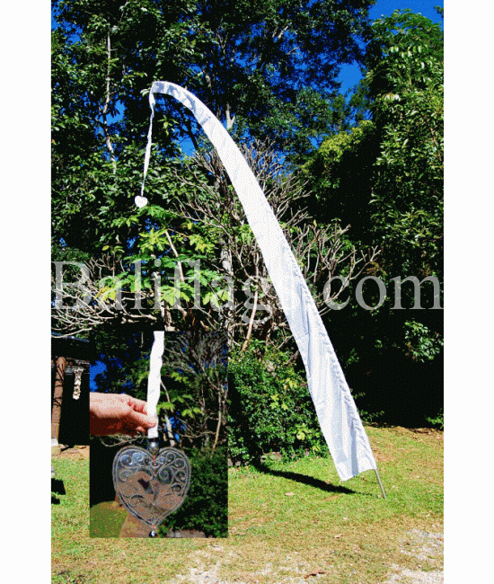 White Bali Flag with Silver Metal Heart